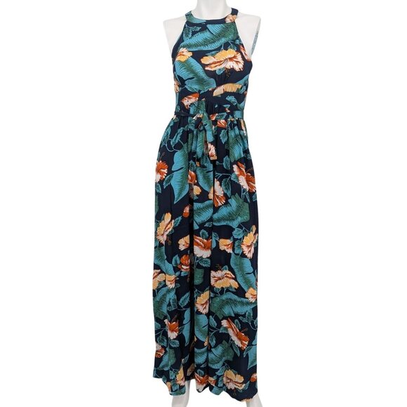 Aakaa Tropical Halter Maxi Dress Women Size XS Floral Open Back Resort Coastal - Picture 2 of 14